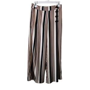 Women's ZARA Multi-Color Striped Palazzo Tan Brown Cream Button Pants Sz Medium